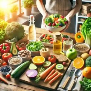 Una persona disfrutando de una comida saludable, con una variedad de alimentos frescos como frutas, verduras, granos integrales y proteínas magras, simbolizando pequeños pasos hacia una vida más plena y saludable.