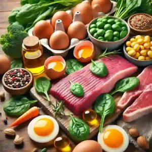 Imagen de alimentos ricos en vitaminas del complejo B, incluyendo huevos, carne magra y vegetales de hojas verdes como espinacas, resaltando sus beneficios nutricionales.