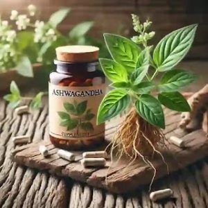 Planta de ashwagandha con suplemento en cápsulas para energía