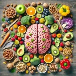 Imagen de un cerebro rodeado de alimentos saludables como frutas, verduras, frutos secos y pescado, simbolizando los beneficios de la nutrición en la salud cerebral.