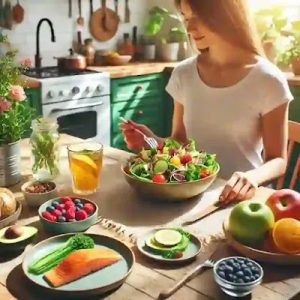 Persona disfrutando de una comida saludable con alimentos antiinflamatorios en una mesa moderna