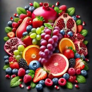 Imagen de frutas ricas en antioxidantes como fresas, arándanos, frambuesas, granadas y cítricos, resaltando los beneficios nutricionales.