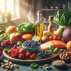 Variedad de alimentos antiinflamatorios como frutas, verduras, salmón y aceite de oliva sobre una mesa de cocina moderna