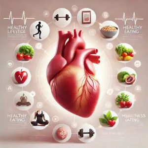 Ilustración de un corazón humano saludable rodeado de íconos que representan hábitos de vida saludables como el ejercicio, la alimentación sana y la atención plena.