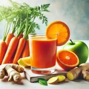 Jugo detox de zanahoria, naranja, jengibre y manzana verde, ideal para mejorar la digestión y acelerar el metabolismo de manera natural.