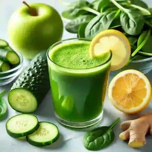 Jugo verde energizante preparado con pepino, espinacas, manzana verde, medio limón y un trozo de jengibre, perfecto para revitalizar y apoyar la pérdida de peso de manera natural.