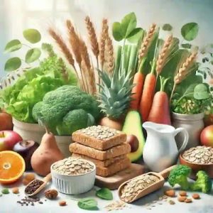 Variedad de carbohidratos complejos como granos enteros, verduras y frutas, beneficiosos para la energía sostenida y la salud cerebral.