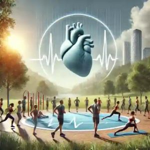 Imagen de personas haciendo ejercicio al aire libre, como correr y practicar yoga, en un entorno natural y espacioso, promoviendo un estilo de vida activo y saludable para el bienestar cardiovascular.