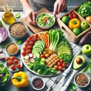 Un plato bien balanceado que muestra una dieta saludable, incluyendo vegetales frescos, proteínas magras, granos integrales y grasas saludables, ideal para mejorar la salud física y mental.