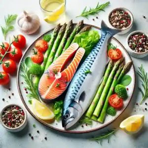 Imagen de un plato de pescado azul, incluyendo salmón y caballa, acompañados de vegetales frescos como espárragos, tomates y rodajas de limón, simbolizando una dieta nutritiva.