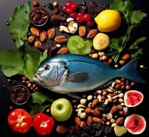 Un collage de alimentos ricos en nutrientes, incluyendo pescado azul, nueces, frutas rojas, vegetales de hojas verdes y chocolate negro. Esta selección ofrece una variedad de sabores y texturas, además de ser una fuente de vitaminas, minerales y antioxidantes esenciales para una dieta equilibrada.