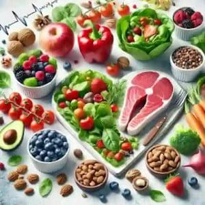 Imagen de alimentos saludables, incluyendo frutas, verduras, nueces y comidas balanceadas, que promueven una dieta equilibrada y la salud cardiovascular.