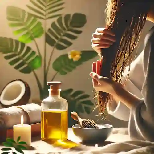 Persona aplicando aceite de coco en el cabello como parte de una rutina natural de cuidado capilar, destacando los beneficios nutritivos y humectantes del aceite de coco.