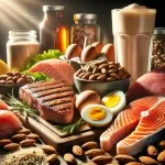 Variedad de alimentos ricos en proteínas, incluyendo pollo a la parrilla, salmón, huevos, almendras, y un batido de proteínas, ideales para aumentar la masa muscular.