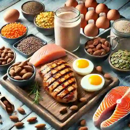 Variedad de alimentos ricos en proteínas, incluyendo pollo a la parrilla, huevos, salmón, almendras y batido de proteínas, ideales para ganar masa musculosa.