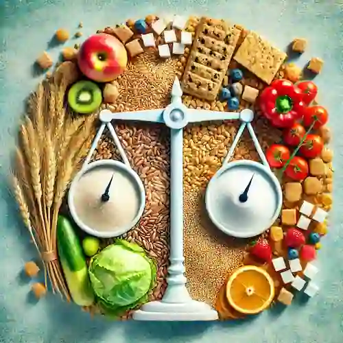 Imagen de una balanza que compara alimentos saludables como granos y verduras con azúcares y dulces, simbolizando el equilibrio entre carbohidratos y azúcares.