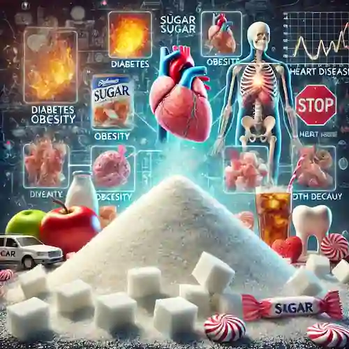 Imagen realista de un montón de azúcar rodeado de dulces y bebidas azucaradas, representando los efectos negativos de los carbohidratos y azúcares en la salud, como la obesidad y la diabetes.