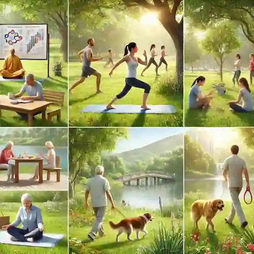 Escena fotorealista de un parque tranquilo donde diversas personas participan en actividades relajantes como tai chi, lectura y picnics, representando métodos naturales para bajar el cortisol.