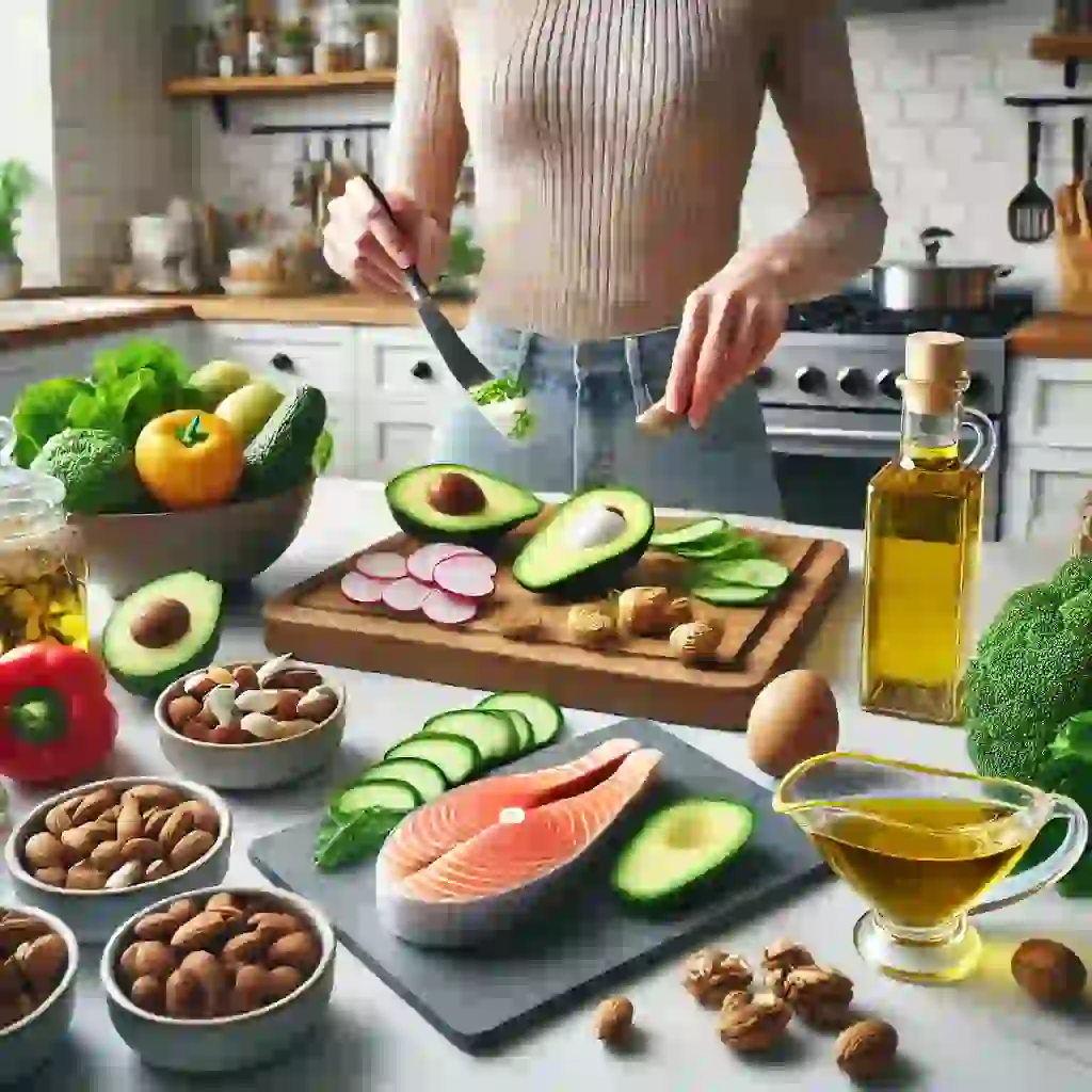 Persona preparando una comida balanceada en una cocina moderna, utilizando ingredientes ricos en grasas saludables como aguacate, nueces, aceite de oliva y salmón, resaltando cómo incorporar grasas saludables en la dieta diaria.