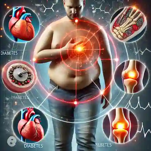 Representación de los efectos del sobrepeso y la obesidad, incluyendo riesgos de enfermedades cardíacas, diabetes tipo 2 y problemas articulares. Imagen ilustrando los graves problemas de salud asociados al exceso de peso.