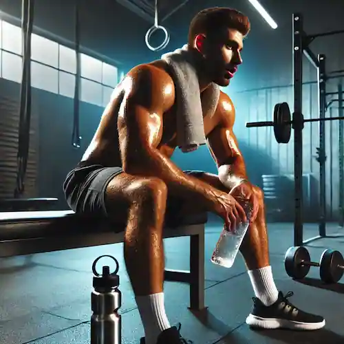 Hombre musculoso descansando en el gimnasio tras un entrenamiento intenso, sentado en un banco con una toalla y botella de agua