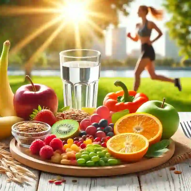 Plato colorido de alimentos saludables con frutas y vegetales, ideal para una dieta para bajar de peso, con una persona activa corriendo de fondo. ​