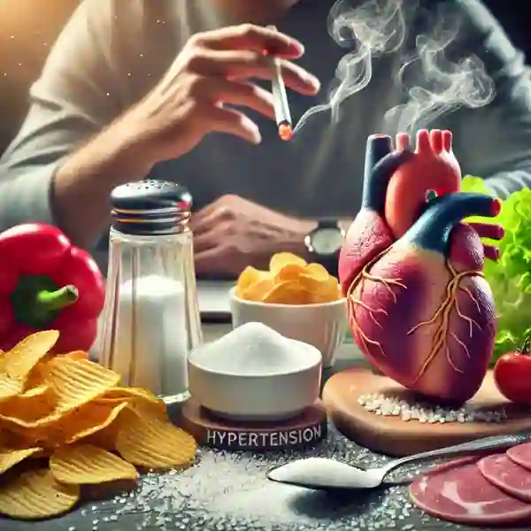 Imagen que ilustra factores de riesgo para la hipertensión, como una persona fumando y una dieta alta en sodio, mostrando alimentos salados y un corazón humano en la escena