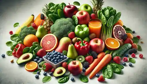 Imagen realista de una variedad de frutas y verduras frescas, como manzanas, naranjas, zanahorias y espinacas, destacando la importancia de una alimentación saludable.