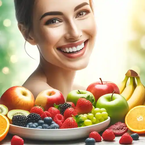 Persona feliz disfrutando de frutas frescas como manzanas, plátanos y bayas, mostrando cómo las frutas y verduras ayudan a mejorar el estado de ánimo y la energía.