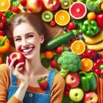 Persona feliz comiendo una variedad de frutas y verduras frescas, simbolizando cómo una dieta rica en frutas y verduras mejora la nutrición y el bienestar.