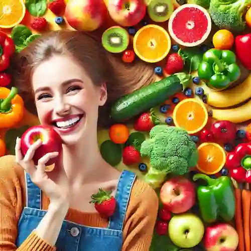 Persona feliz comiendo una variedad de frutas y verduras frescas, simbolizando cómo una dieta rica en frutas y verduras.