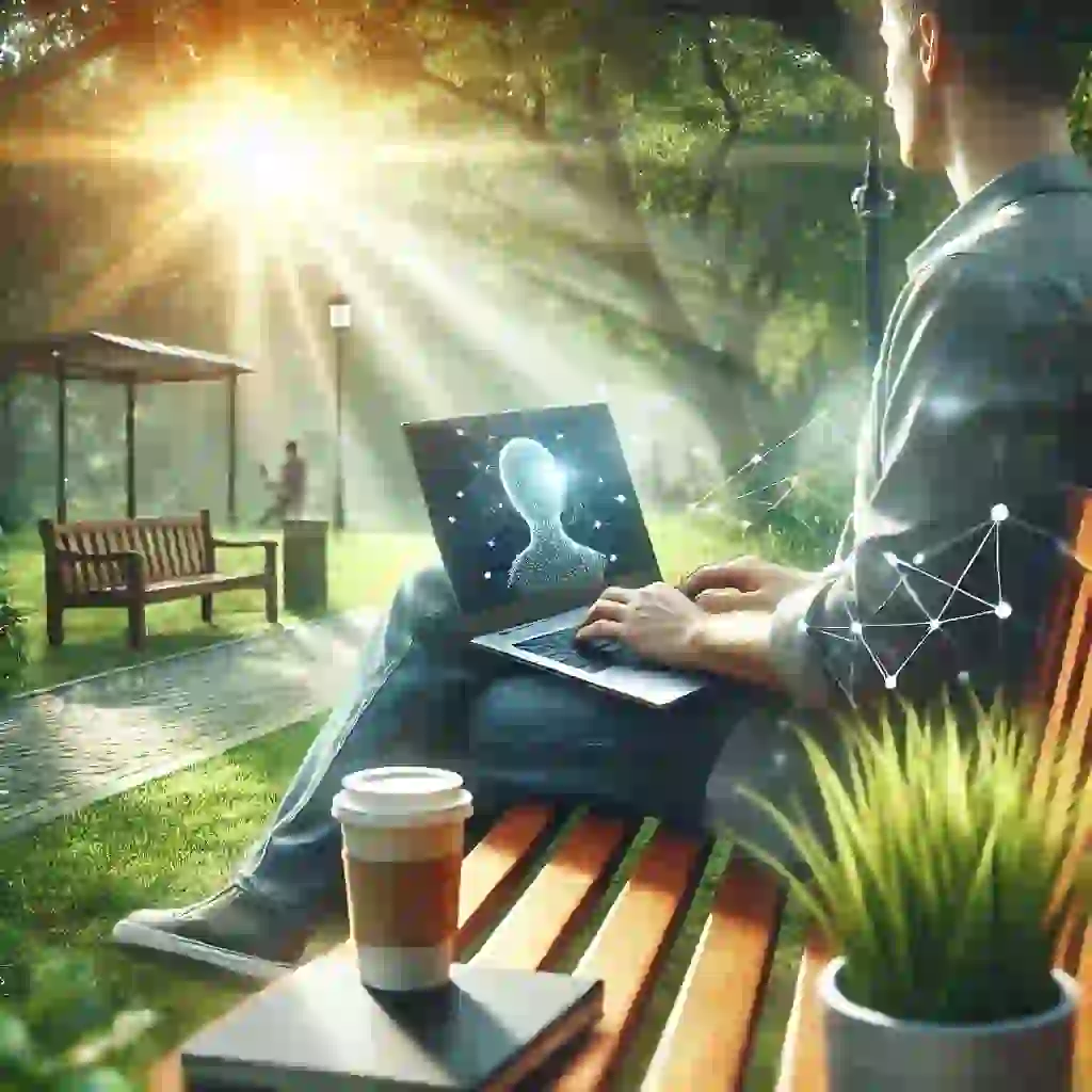 Persona sentada en un banco al aire libre con una laptop y una taza de café, disfrutando de un entorno equilibrado de productividad y relajación, representando una gestión eficaz del tiempo.