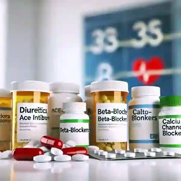 Imagen de medicamentos utilizados para tratar la hipertensión, incluyendo diuréticos, inhibidores de la ECA, beta-bloqueadores y bloqueadores de los canales de calcio