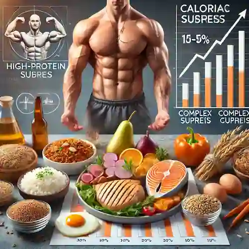 Plato con alimentos ricos en proteínas, carbohidratos complejos y gráfico de superávit calórico para ganar masa muscular.