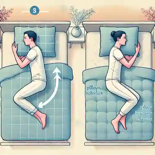 Ilustración de dos posiciones para dormir: de lado con una almohada entre las piernas y boca arriba con una almohada bajo las rodillas, usando un colchón firme y almohadas adecuadas para mantener la columna alineada.
