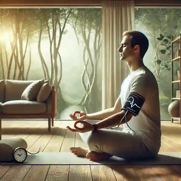 Imagen de una persona meditando en un entorno sereno, destacando la importancia de la reducción del estrés para la salud.