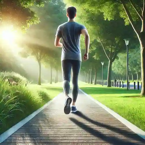 Persona corriendo o caminando en un parque con árboles verdes y luz suave, simbolizando un estilo de vida saludable y el inicio de un viaje hacia la pérdida de peso y el control de la obesidad.