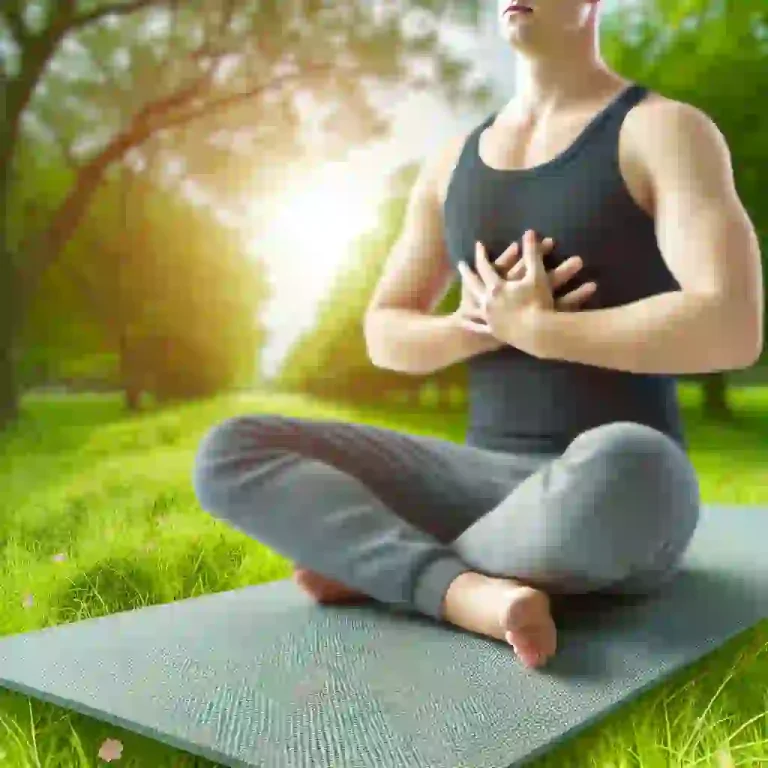 Persona practicando técnicas de respiración en un parque, sentada en posición de meditación sobre una esterilla, enfocada en mejorar su salud y reducir el estrés rodeada de naturaleza.