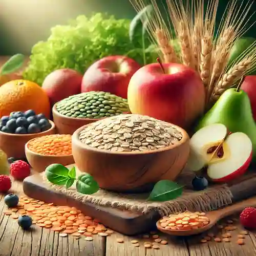 alimentos ricos en fibra soluble, como la avena, las lentejas y las frutas. Refleja una opción saludable y nutritiva para una dieta balanceada.