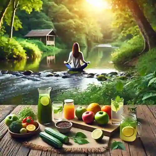  Persona meditando junto a un río rodeada de frutas y vegetales frescos, con jugos y bebidas detox sobre una mesa, simbolizando un proceso de desintoxicación natural en un entorno sereno y verde.