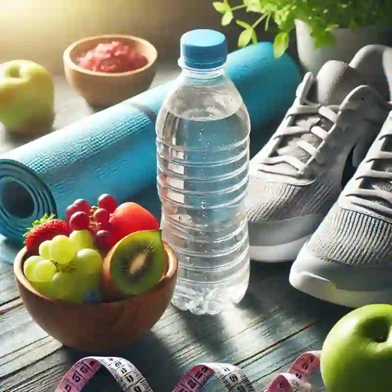 Botella de agua fresca, zapatillas junto a una esterilla de yoga y un bol de frutas frescas, simbolizando hábitos saludables como hidratación, ejercicio y alimentación natural, ideales para una dieta para bajar de peso