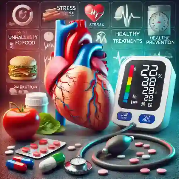 Imagen representativa de la Hipertensión Cardiovascular con un monitor de presión, corazón, y elementos que muestran causas, tratamientos y prevención.