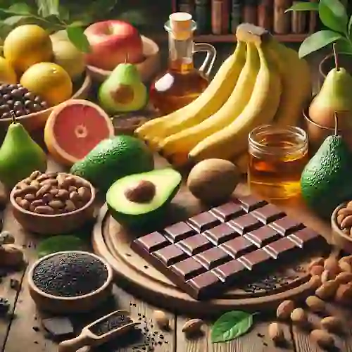 Imagen fotorealista de una variedad de alimentos que ayudan a regular el cortisol, incluyendo chocolate negro, té verde, plátanos, peras, aguacates, nueces y aceite de oliva.