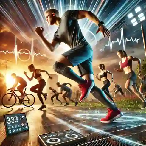  Imagen ultrarrealista de un entrenamiento cardiovascular, mostrando a un grupo diverso de personas realizando ejercicios de alta intensidad como HIIT y actividades de baja intensidad como LISS, en un entorno dinámico al aire libre durante el amanecer, con monitores de frecuencia cardíaca y detalles realistas que destacan el esfuerzo y la motivación.