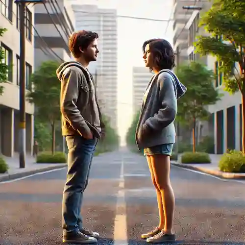 Imagen ultra realista de dos personas conversando en la calle con expresiones sinceras, simbolizando la importancia de la comunicación abierta y honesta en relaciones personales.